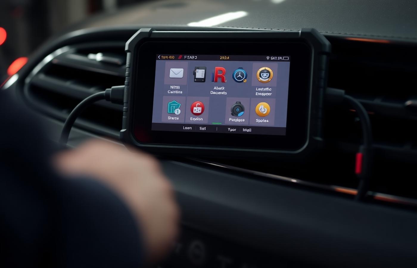 Handheld automotive diagnostic device connected to a vehicle